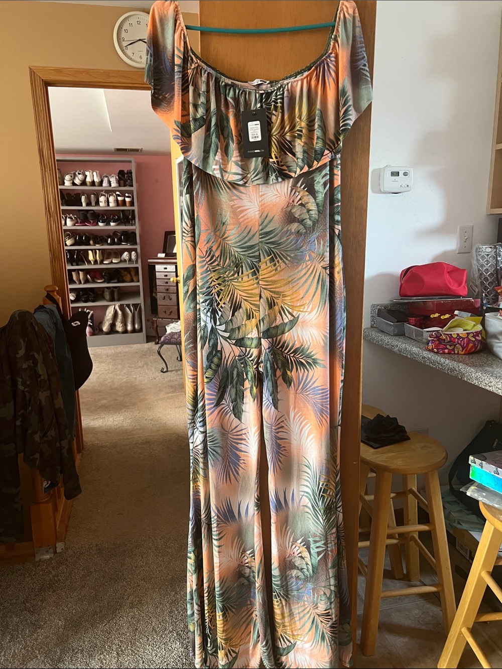 Fashion Nova Tropical Print Off-Shoulder Jumpsuit - Peach, Green, Blue
